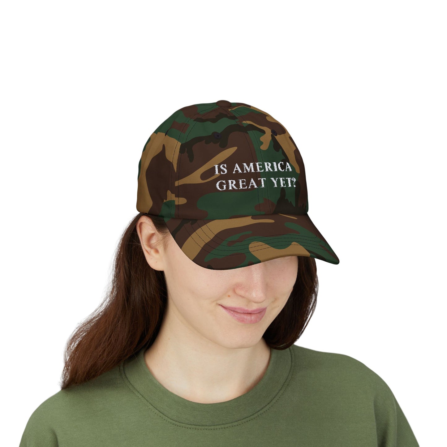 Is America Great Yet? | Classic Dad Cap | Green Camo Hat with White Embroidery