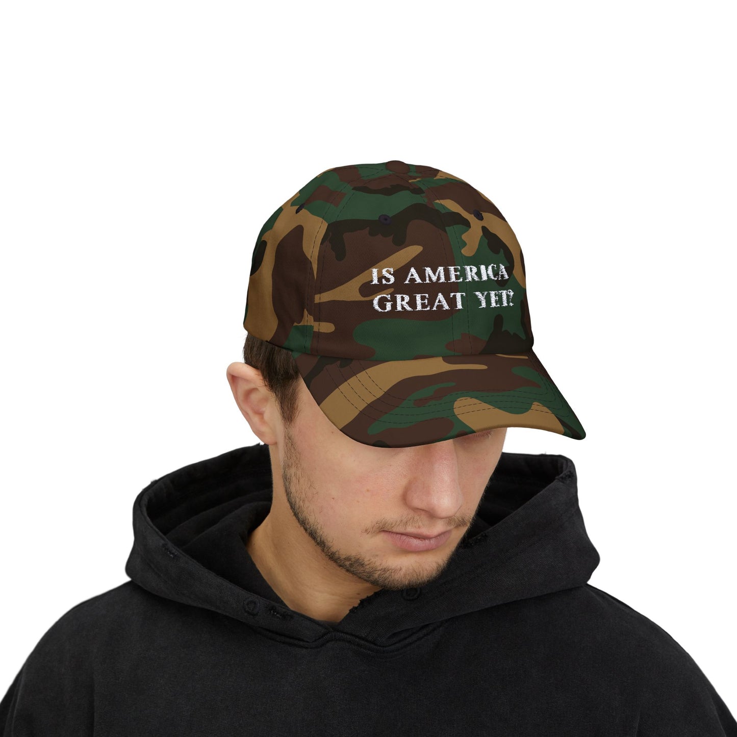 Is America Great Yet? | Classic Dad Cap | Green Camo Hat with White Embroidery